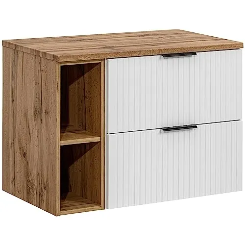 Lomadox Waschtischunterschrank 80cm in Weiß mit Eiche Nb. - Eleganter Badschrank - Unterschrank fürs Bad mit Soft Close-System, hochwertiger MDF-Front in Rillenoptik und flexibler Montageoption. FSC-zertifiziert für nachhaltigen Wohnkomfort.
