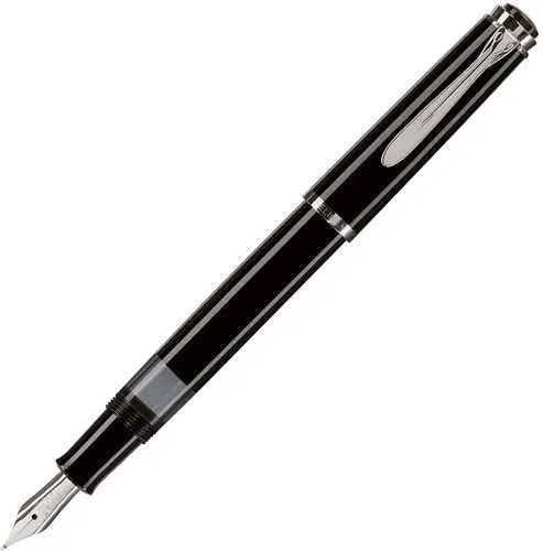 Pelikan Füllhalter M 205 - EF Feder, schwarz - Eleganter Füllhalter M 205 in schwarz mit polierter Edelstahlfeder und Kolbenmechanik. Ideal für präzises Schreiben und stilvolle Notizen.