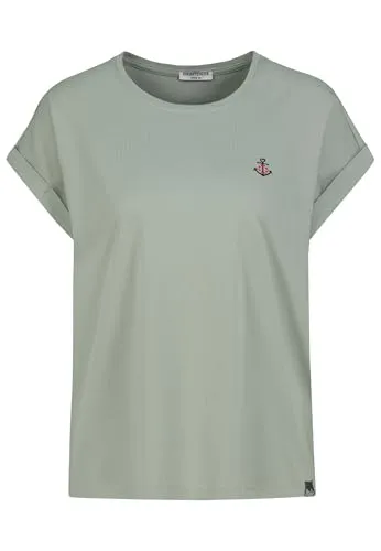 Eight 2 Nine Damen T Shirt Baumwolle mit Armaufschlag und maritimer Stickerei auf der Brust Anker Muschel Schiff Hummer Light-Green M