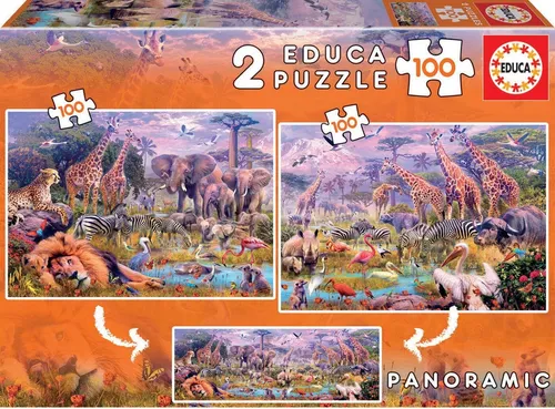 EDUCA Puzzle Panorama Wildtiere 2x100 Teile