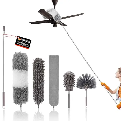 DYDHRER Staubwedel Teleskop - Maximale Länge 25-256CM, Multifunktional Lang Ausziehbar, Waschbar für Decke, Deckenventilator, Spinnweben und Kronleu(6 PCS)