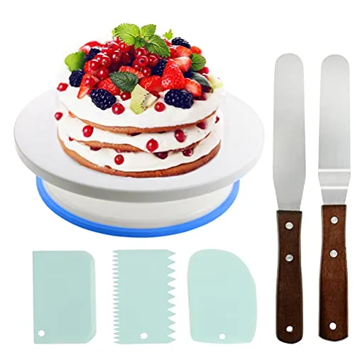 FOROREH Tortenplatte drehbar Tortenständer 28x7cm - Kuchen Drehscheibe Torten Drehplatte mit 2Stück Winkelpalette und 3Stück Schaber für Backen Gebäck, Zuckerguss, Mustern