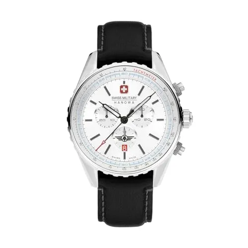 SWISS MILITARY HANOWA Afterburn Chrono - Elegante Herren Uhr mit Lederarmband - Chronographen mit hochglanzpoliertem 316L Chirurgenedelstahl, Wasserresistenz bis zu 10 ATM und präzisem Ronda 5030D Quarzwerk - ideal für stilbewusste Herren.