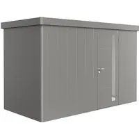 Biohort Gerätehaus Neo 1D Quarzgrau-Metallic - Gerätehaus in Quarzgrau-Metallic, platzsparend mit 5,8 m², ideal für Gartenutensilien und Fahrräder. Robuste Konstruktion mit 0,5 mm Wandstärke und pulverbeschichteter Oberfläche für optimalen Witterungsschutz.