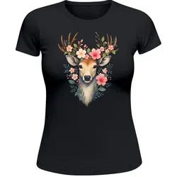 MoonWorks Print-Shirt Damen T-Shirt für das Oktoberfest Hirsch mit Blumenkranz Fun-Shirt mit Print schwarz XL