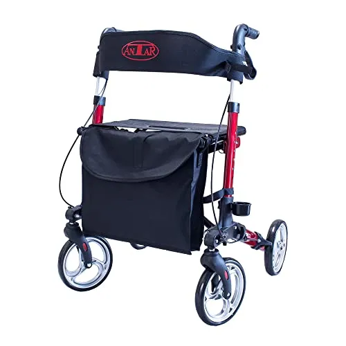 Reise Rollator aus Aluminium Klappbar (Silber) - Leichter, 3-fach faltbarer Rollator mit gepolsterter Rückenlehne und ergonomischen, höhenverstellbaren Griffen. Ideal für Reisen, mit abklappbaren Vorderrädern und praktischer Einkaufstasche.