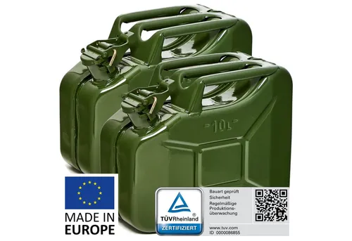 BW Benzinkanister Metall 10L - TÜV-geprüft und UN-zugelassen - Robuster 10L Metall Benzinkanister nach NATO Standards. Ideal für sichere Kraftstofflagerung und -transport, mit praktischem Ausgießer für schnelles Betanken.