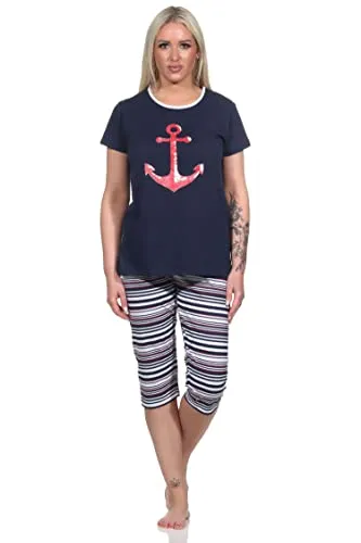 Normann Damen Capri Schlafanzug Kurzarm Pyjama mit Anker-Motiv und Ringeln - 204 755, Farbe:Navy, Größe:44-46