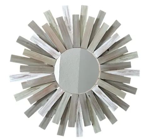 Wandspiegel, Sonnenspiegel, Spiegel mit Vintage Holzrahmen, Durchmesser 79,5 cm