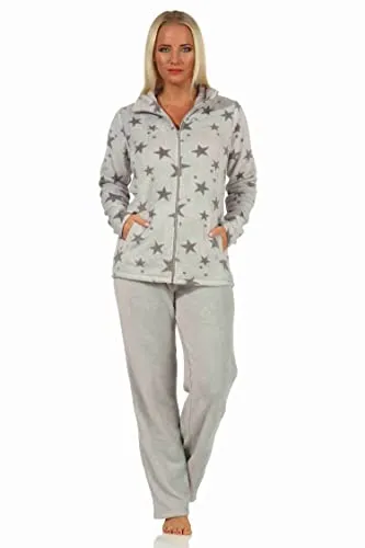 NORMANN-Wäschefabrik Damen Coralfleece Hausanzug mit Sternen - Grau, Größe 40/42 - Kuscheliger Coralfleece Hausanzug im Sterne Design für entspannte Tage. Ideal als Loungewear mit bequemer Passform. Hergestellt aus 100 % Polyester und geprüft nach ÖKOTEX STANDARD 100 für ein sicheres Tragegefühl.