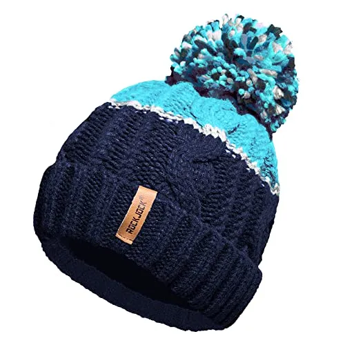 Unisex Herren Damen Warm Winter Chunky Color Block Ski Bommel Bommelmütze mit Kuscheligem Thermo Teddy Fleece Liner