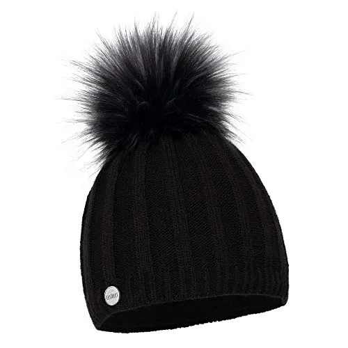 ELIMELI Mütze Damen Winter warme Strickmütze Wollmütze mit Kaschmir Wintermütze mit Kunstfell Bommel Slouch Strick Beanie, Bommelmütze Hergestellt in EU Farbenauswahl (Schwarz)