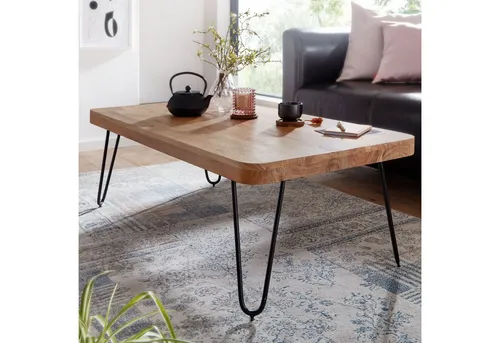 FINEBUY Couchtisch SuVa2463_1 aus Akazie Massivholz - Moderner Rechteckiger Sofatisch (115x60x40 cm) mit edler Holzmaserung und filigranen Metallbeinen, ideal als Ablage für Snacks und Getränke im Wohnzimmer.