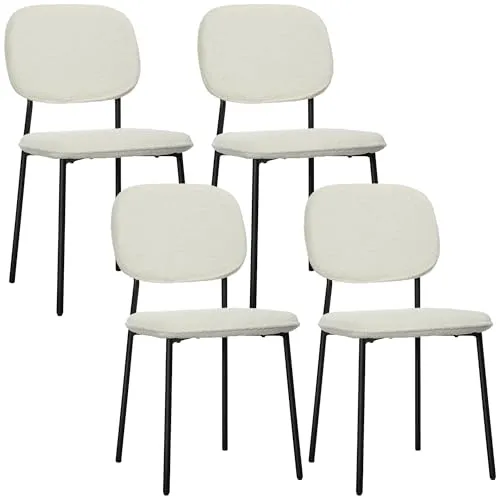 HOMCOM Esszimmerstühle 4er Set - Moderner Polsterstuhl in Weiß mit Stahlbeinen - Esszimmerstühle Set mit elegantem Design: Hochwertiger Bouclé-Stoff und stabile Stahlbeine für langlebigen Komfort und Stil in Ihrem Essbereich.