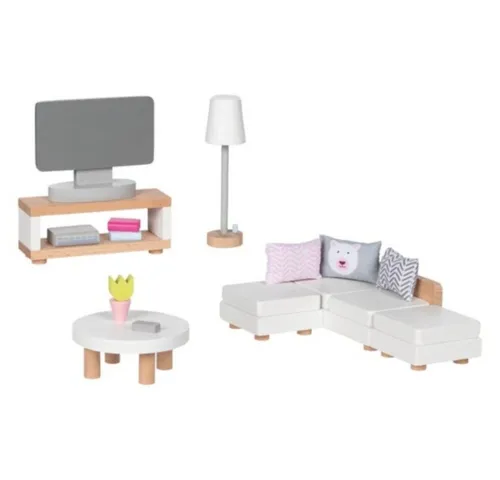 Gollnest & Kiesel Puppenmöbel Puppenmöbel Style Wohnzimmer 15ltg Holz für Kinderpuppenhaus 51494 (15tlg), Mit Sofa, Fernseher, Hocker, Wohnzimmertisch