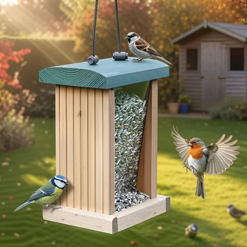zooprinz Nachhaltiges Vogelhaus - Witterungsbeständiger Futterspender für Wildvögel - Futterstationen für Wildvögel, wetterfest und langlebig aus nachhaltigem Vollholz, ideal für die Vogelvielfalt mit stabilem Sitzrand für mehrere Vögel gleichzeitig.