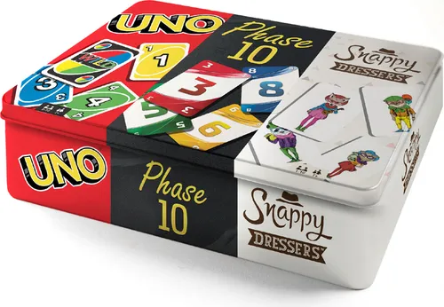 Mattel Kartenspiel UNO Phase 10 und Snappy Dressers Spielesammlung in Metalldose