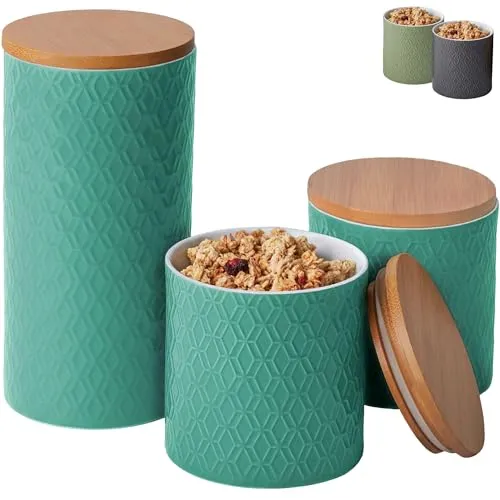 Praknu Vorratsdosen Keramik mit Deckel Luftdicht - 3er Vorratsbehälter Set aus Keramik mit Bambusdeckel für Müsli Mehl Kaffee & Zucker Aufbewahrung - Spülmaschinenfest (Türkis)
