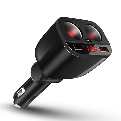 GemCoo 120W USB C Auto Ladegerät Zigarettenanzünder Verteiler Adapter Splitter 2 Steckdose Schnellladung 12V/24V DC mit LED Voltmeter Dual USB +PD Port für Handy Tablet GPS Dash Kamera