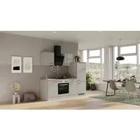 Flex-Well Exclusiv Küchenzeile Lund 220 cm - Lichtgrau glänzend & Rauchgrau - Einbauküche mit flexibler Montage, ideal für kleine Räume. Hochwertige Materialien und viel Stauraum für Geschirr, Töpfe und mehr. Inklusive h-tech Elektrogeräte für effizientes Kochen.