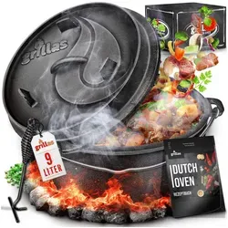 grillas Grilltopf grillas Dutch Oven Set mit Deckelheeber BBQ Gusseisen Feuertopf Gussto, Gusseisen (Dutch Oven Set), Henkel 9 l