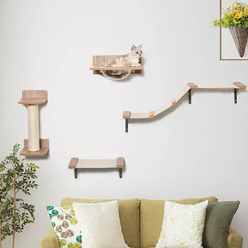 PawHut 4tlg. Kletterwand für Katzen - Kratzbaum und Kletterwand in einem, ideal für aktive Katzen. Robuste Konstruktion aus Kiefer und Acryl, fördert die Fitness und hält Ihre Katze beschäftigt.