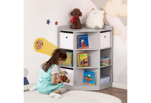 HOMCOM Kinderregal Eckregal mit Aufbewahrungsboxen - Praktisches Kinderzimmerregal mit 9 Fächern und 3 Schubladen, perfekt für Spielzeug und Bücher. Mit Anti-Kipp-Sicherung für mehr Sicherheit und optimaler Raumausnutzung durch die eckige Form.