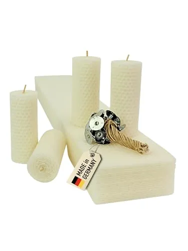 Wachsmann Stumpen Kerzen selber machen, 100% reines Bienenwachs aus Deutschland, Advent & Weihnachten, Bienenwachsplatten 60 x 10 cm, DIY Bastelset Kinder, inkl. Dochte