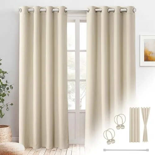 Cozyor Praktisches Set ohne Bohren: 2X Vorhang + 1x Klemmstange 70-120 cm + 2X Raffhalter mit Magnet Blickdicht & verdunkelnd, als Raumteiler, Fenster & Tür Beige Thermovorhang 240x135cm