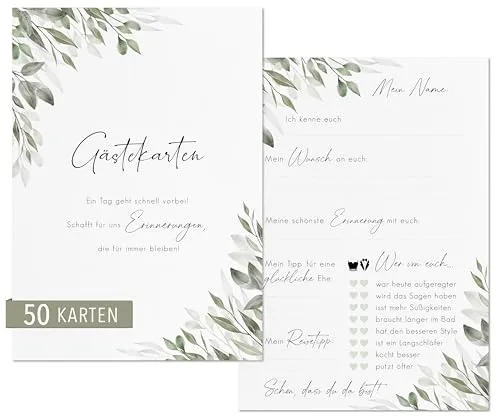 luftundliebe 50 Gästekarten Hochzeit - Gästekarten Hochzeit zum ausfüllen - Gästebuchkarten für Hochzeit - Gästebuchseiten - Hochzeitsspiel - Eukalyptus