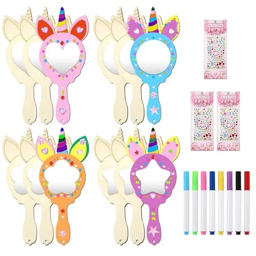 Einhorn Spiegel,23 Stücke DIY Holzspiegel Handwerk für Kinder, Mini Holz Einhorn Spiegel,Bastelset kindergeburtstag einhorn,Holzspiegel zum Bemalen für DIY Kinders Malen,Kinders Geschenk Party.