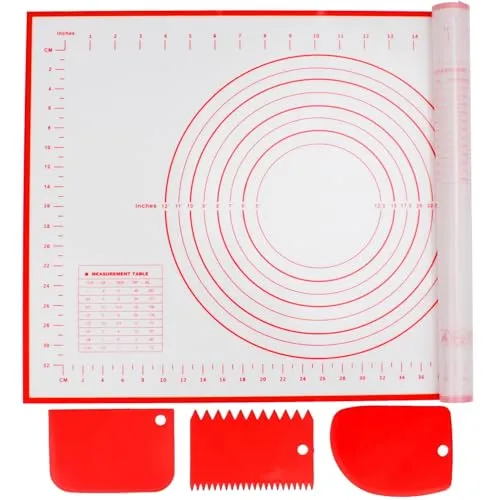 Alyvisun Silikon Backmatte 60x40 cm mit 3 Teigschaber | Backzubehör Antihafte Backunterlage mit Messung Rutschfeste Silikonmatte Wiederverwendbar Backblech für Fondant, Pizza, Teig