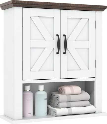 COSTWAY Hängeschrank Weiß – Wandschrank mit Ablagen und Türen - Vielseitiger Hängeschrank im rustikalen Landhausstil mit großzügigem Stauraum. Ideal für Badezimmer, Küchen oder Eingangsbereiche. Praktische Details wie ein sicherer Magnetverschluss und höhenverstellbare Regale sorgen für optimale Nutzung.