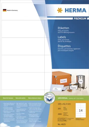 Herma Premium 4625 Etiketten 105 x 42.3 mm, 2800 Stück - Vielzweck-Etiketten, selbstklebend und bedruckbar, ideal für Kopierer und Drucker. 100% recyclingfähig und made in Germany, umweltfreundlich mit lösungsmittelfreiem Kleber.