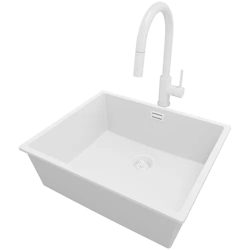 PRIMAGRAN Granitspüle Alles Weiß 56x47cm, Spülbecken 1 Becken + Küchenarmatur 40x20cm + Ablauf-Set, Küchenspüle ab 60er Unterschrank - London Slim S187