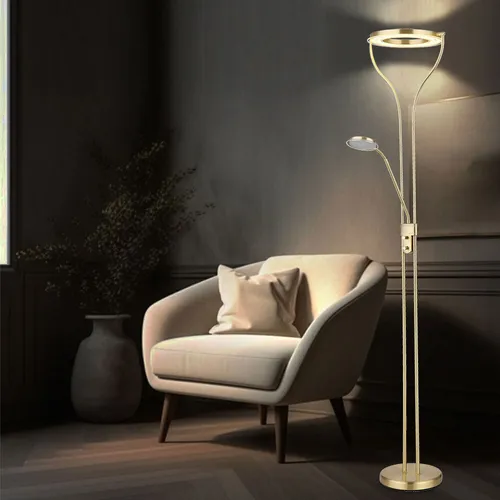 Elegante Stehleuchte mit Flexoarm - Dimmbar und LED 20W - Stehleuchte in messingfarben matt, ideal für Wohnzimmer und Schlafzimmer. Mit flexiblem Lesespot und dimmbarer Funktion für perfekte Beleuchtung und angenehme Atmosphäre.