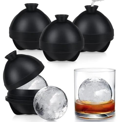 Eiswürfelform Silikon, 4er-Pack Groß Eiswürfelbehälter mit Deckel, Runde Eiskugelform Wiederverwendbar BPA Frei, Einfach zu Lösende Eisformen für Eis, Whiskey, Cocktail, Wein, Bier, Saft (Schwarz)