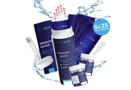 AquaNexo Trinkwassertest Teststreifen 16-in-1 125x + 2 Bakterientests inkl. Pipette/Reagenzglas