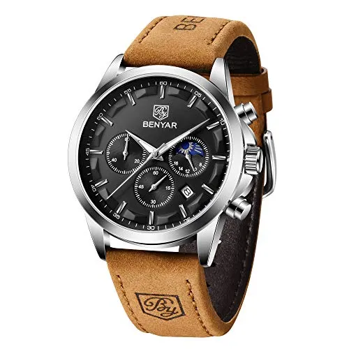 BENYAR Herren Uhr Analog Quarz Chronograph Wasserdicht Leuchtende Datum Stilvolle Lederband Armbanduhr Elegantes Business Herrenuhren Geschenk für Männer