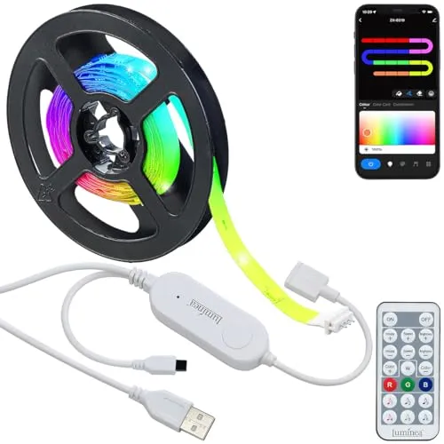 Luminea Home Control Lichtband: Smarter USB-RGB-IC-LED-Streifen, Bluetooth, App, Fernbedienung, 2 m (LED-Strips RGB, LED-Strips USB, Glaskantenbeleuchtung)