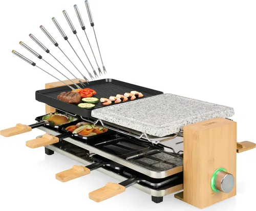 Holz Raclette Grill für 2-8 Personen – Elektro Tischgrill mit Steinplatte