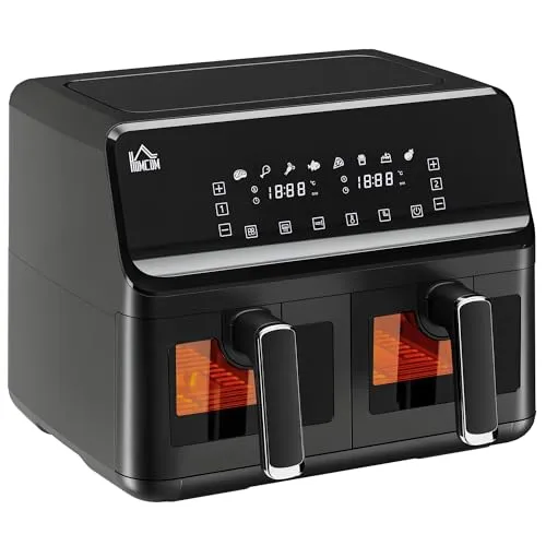 HOMCOM Dual Zone Heißluftfritteuse 8-in-1 - Heißluftfritteusen mit 2 unabhängigen 4-Liter Kammern, 2500W Leistung und 90% weniger Fett für gesundes Kochen – ideal für die ganze Familie!
