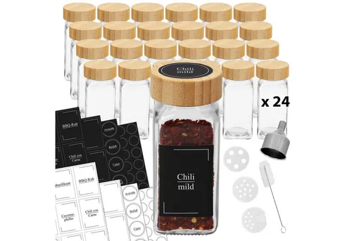 Gewürzgläser eckig leer mit Bambusdeckel VonBueren | 24 x 120 ml - Praktische Gewürzgläser mit luftdichten Bambusdeckeln, ausgestattet mit 72 Streueinsätzen für präzise Dosierung und 714 Etiketten zur individuellen Beschriftung – ideal für Ordnung in Ihrer Küche!