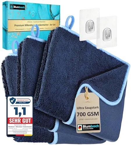 BLUMBACH® Ultra Wipes Trockentücher 3-Set 700 GSM - Extrem saugstarkes Trockentuch für Dusche und Bad mit 700 GSM, inkl. 2 Klebehaken für praktische Aufbewahrung. Maschinenwaschbar und langlebig – für strahlende Sauberkeit in Rekordzeit!