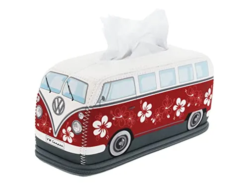 BRISA VW Collection - Volkswagen Neopren Kosmetik-Servietten-Spender-Papier-Taschentuch-Tissue-Box fürs Bad im T1 Bulli Bus Design (Hibiskus/Rot)