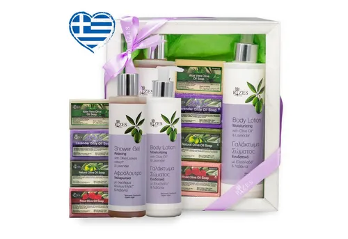 Perfekto24 Hautreinigungs-Set Rizes Crete - Naturkosmetik-Set für alle Hauttypen mit Olivenöl und Lavendel, inklusive Duschgel und Bodylotion für eine sanfte Reinigung und Pflege.