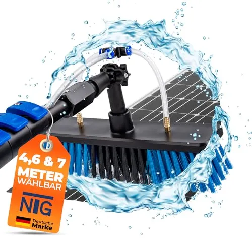 Teleskopwaschbürste für Solaranlagen und Fenster - Teleskopstiel bis 7 Meter, mit integriertem Wasseranschluss und Seifenspender für eine effiziente und umweltfreundliche Reinigung.