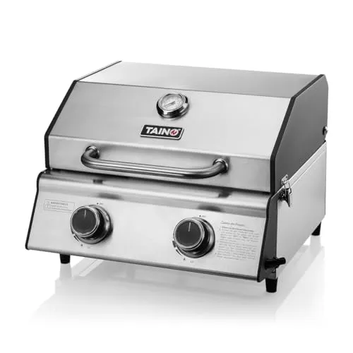 TAINO PLATINUM COMPACT Tischgrill - Kompakter Edelstahl Tischgrill mit 2 Brennern, ideal für Camping und BBQ. Mit Doppelwanddeckel und Temperaturanzeige für perfektes Grillen.