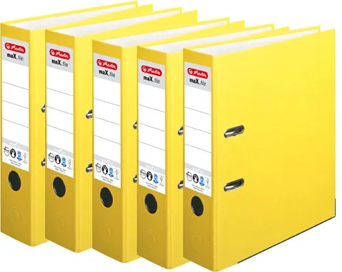 HERLITZ Ordner maX.file nature+ A4 8cm | Kraftpapierbezug selbstklebendes Rückenschild | 5er Sparpack in diversen Farben zur Auswahl (Gelb, breit 8cm | 5er Pack)