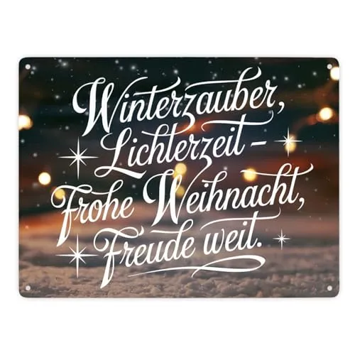 Winterzauber Lichterzeit Metallschild XXL in 28x38 cm Winterzauber mit froher Kalligrafieschrift auf verschneitem Hintergrund und funkelnden Sternen
